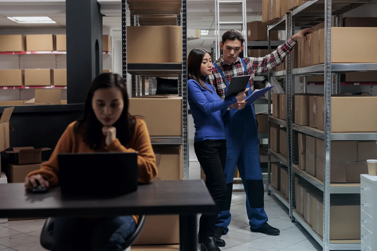 Warehouse team checking IT hardware stock